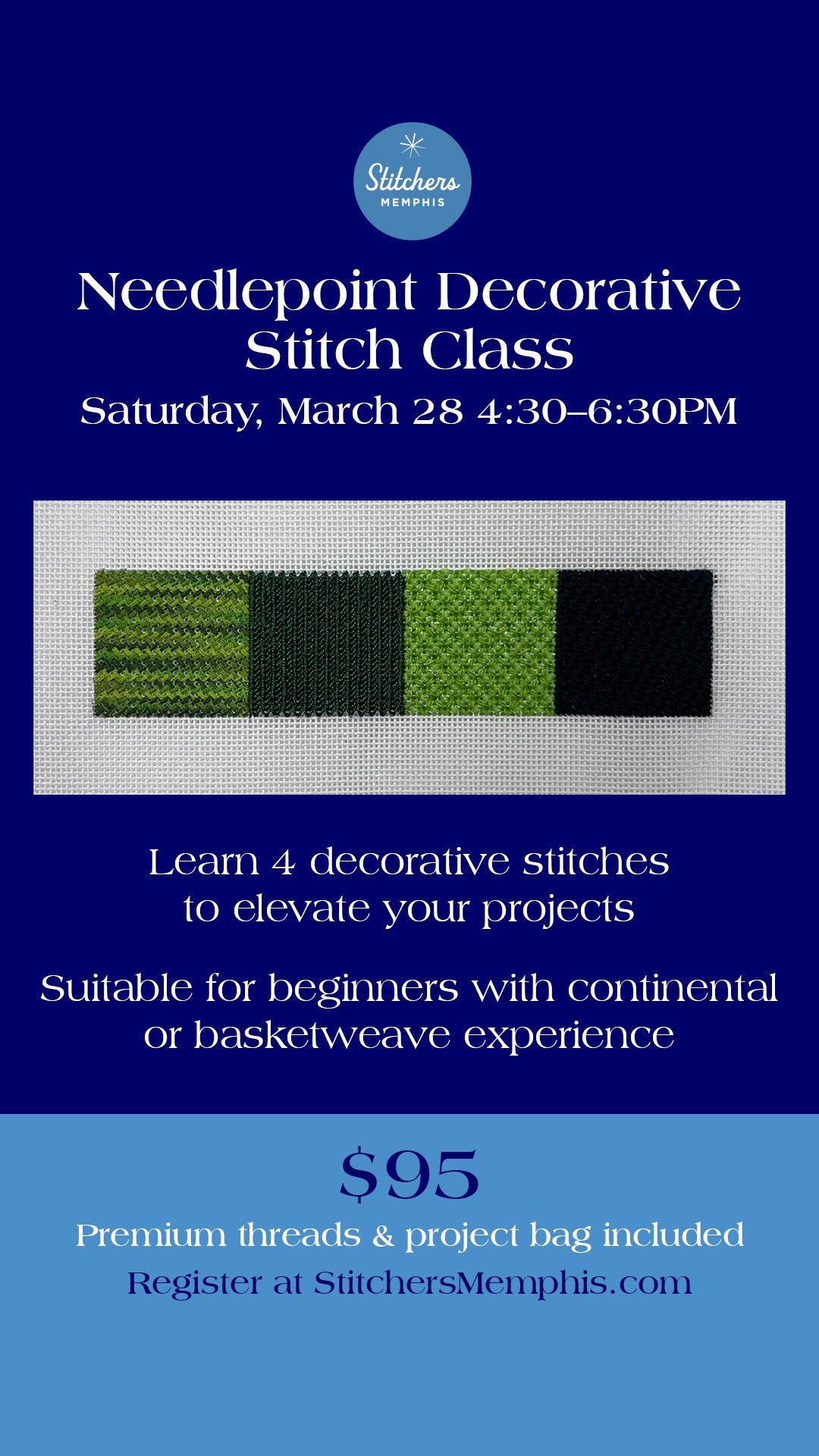 Needlepoint Decorative Stitch Class by Terri Saturday, March 28, 2026
